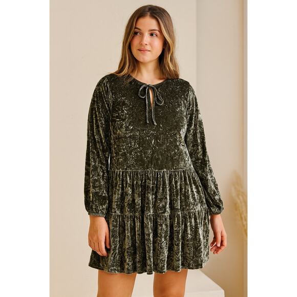 Grade & Gather Crushed Velvet Tunic Dress | Sage Green Boho Pocketed | Large - Picture 1 of 7